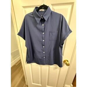 Hotouch Navy Blue Short Sleeve Button Down Shirt Boxy Oversized Blouse XL